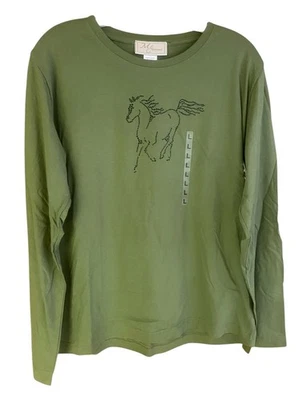 Camiseta feminina verde manga longa M&C roupa esportiva com miçangas cavalo nova sem etiquetas G - Imagem 1 de 3