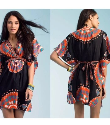 Túnica Trina Turk Yucateca Cubierta de Natación Túnica Negra Roja Multi Corta Caftán Talla L Foto 1 de 4