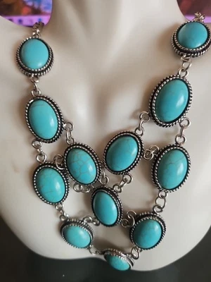 Silvertone Bib Blue Turquoise Chain Necklace NWOT  - Image 1 of 4