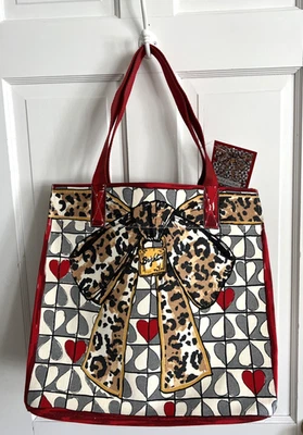 BRIGHTON Canvas Tote Wild Love MSRP $150 NWT LEOPARD HEARTS RED - Image 1 of 4