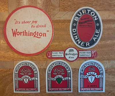 5 Worthington Burton beer bottle Labels 1950's plus 1954 beermat - Image 1 of 2