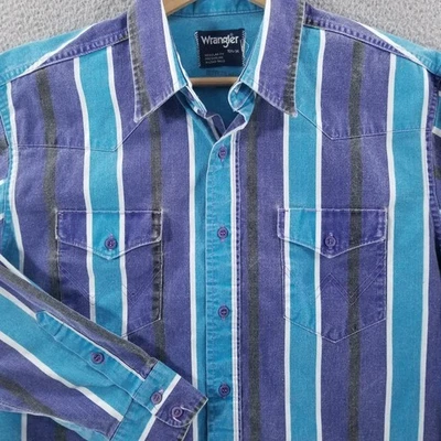 VTG Wrangler Brushpopper Shirt Mens Large 16.5 Blue Stripe Rodeo Western Cowboy - Image 1 of 4