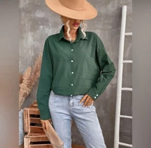 Women’s Spring & Autumn Casual Solid Forest Green Color Long Sleeve Shirt Sz L - Picture 1 of 7