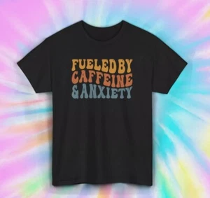 Fueled by Caffeine and Anxiety Funny Retro T-Shirt Coffee Lover Gift - Picture 1 of 4