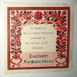  Lancaster Free Public Library Gift Bookplate - Memory of Mrs J Howard Esbenshad - Picture 1 of 2