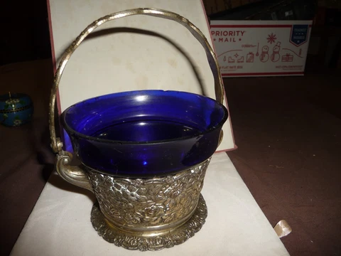 #1225 JAPAN Handled Metal basket w AS IS Colalt Blue Glass insert Cover