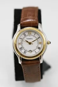 Fossil Watch Women Stainless Silver Gold St WR Brown Leather Date White Quartz - Photo 1 sur 6
