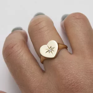 North Star Heart Signet Ring Solid Real 10K Yellow Gold All Sizes - Picture 1 of 5