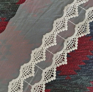 3.5 Yard 8" wide Ivory Tulle Mesh Lace with 2 Layers Cotton Crochet Flower xh232 - Picture 1 of 2