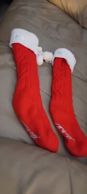 Victoria's Secret Pink Knee-High Red Knit Slippers Socks With White Pom Poms - Image 1 of 2