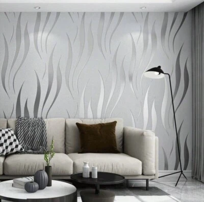 Papel tapiz de tela con patrón ondulado plateado 3D de 2 rollos decoración moderna para sala de estar Foto 1 de 4