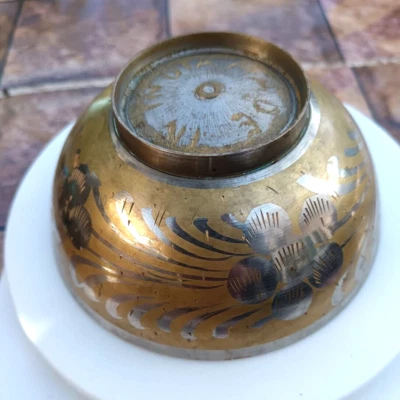 Old Talismanic Islamic  Copper Painted Calligraphy Brass Medicine Bowl India - Image 1 of 4