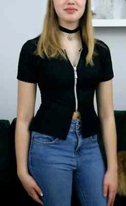 Girls Black full zip collar top size 8 - Picture 1 of 3