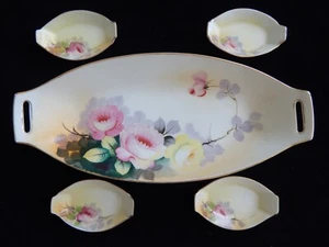 NORITAKE MYSTERY #82 CELERY BOAT DISH & 4 OPEN SALT CELLAR DIP 1925 VINTAGE ROSE - Picture 1 of 6
