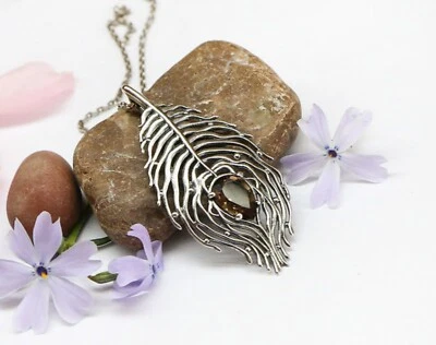 Peacock Feather Necklace 925 Sterling Silver Pendant Gift for Women, Mom, Girl - Image 1 of 4