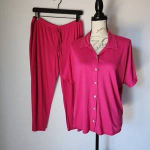 Natori 2-Piece Knit Pajama Set Short Sleeve Button Elastic Waist Pink Women Sz.L - Picture 1 of 7