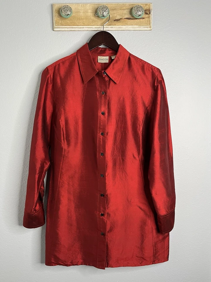 Camisa túnica para mujer Chico 100 % seda roja con botones talla 2 Foto 1 de 4
