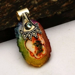 Rainbow Solar Quartz Blue Topaz Gemstone Handmade Pendant Jewelry 2" AP-16884 - Picture 1 of 1