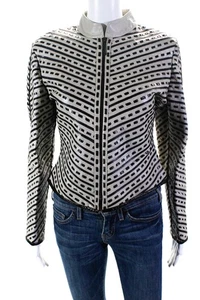 Natto Womens Woven Leather Stripe High Neck Full zip Jacket Gray Black Medium - Picture 1 of 4