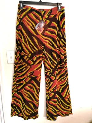 IMAN Pants Women L Orange Brown Yellow Zebra Print Wide Leg Stretch Pull On Boho - Image 1 of 4