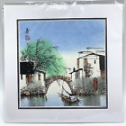 Chinese Watercolor on Paper Painting Signed Stamped Tree Water Bridge Boat Home
