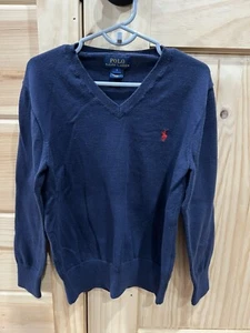 Polo Ralph Lauren Boys Sweater Navy Blue V Neck With Brown Elbow Patches Size 7 - Picture 1 of 5