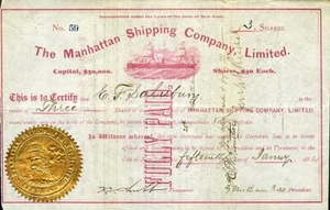 1884 Manhattan Shipping Stock Certificate - Picture 1 of 1