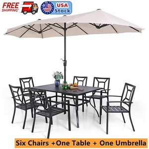 8 Piece Outdoor Patio Dining Set Metal Furniture Stackable Chairs Table Black - Picture 1 of 11