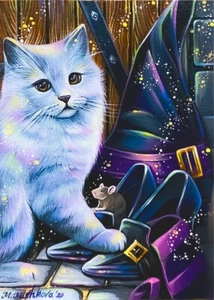 Limitierte Auflage ACEO DRUCK Katze Kätzchen Maus Zauberhexe Halloween M. Mishkova - Bild 1 von 1