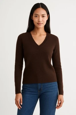 Suéter Blanco + Warren Para Mujer Cachemira Marrón Chocolate Cuello en V Detalle Acanalado S Foto 1 de 4