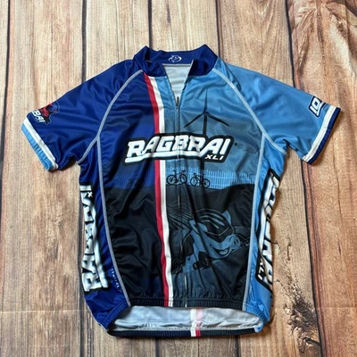 Camisa de ciclismo RAGBRAI XLI masculina grande azul preta com zíper completo para bicicleta Primal 2013 - Imagem 1 de 4