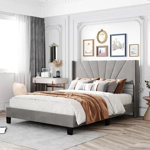 Queen Size Velvet Upholstered Platform Bed, Box Spring Needed - Gray - Picture 1 of 5