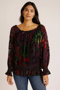 NYgard transparenter Samt Burnout On/Off Shoulder Bischof Ärmel tropische Blumen Top XL - Bild 1 von 14