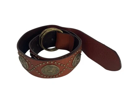 Cinturón Cuero Marrón Bronce Conchos y Latón Doble Anillo Hebilla Pequeño S Largo Ajuste Foto 1 de 4