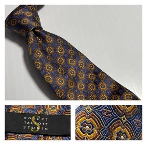 ROBERT TALBOTT STUDIO Gold Rust Medallion Blue Woven Silk Tie Hand Sewn USA - Picture 1 of 11