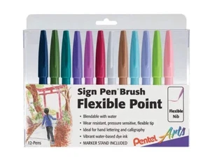 Pentel Arts Sign Pen Pinselspitze, 12er-Pack verschiedene Farben - NEUE Farben! - Bild 1 von 1