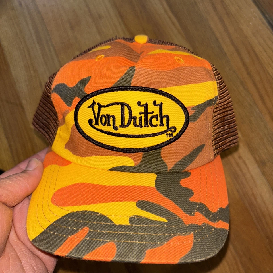 Von Dutch Trucker Hat Orange Yellow Camo Embroidered Logo Patch Snapback Cap USA - Image 1 of 4