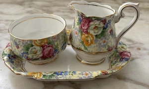 Vintage Royal Albert ROSE TIME Chintz Footed SUGAR & CREAMER With Under Plate - Picture 1 of 7