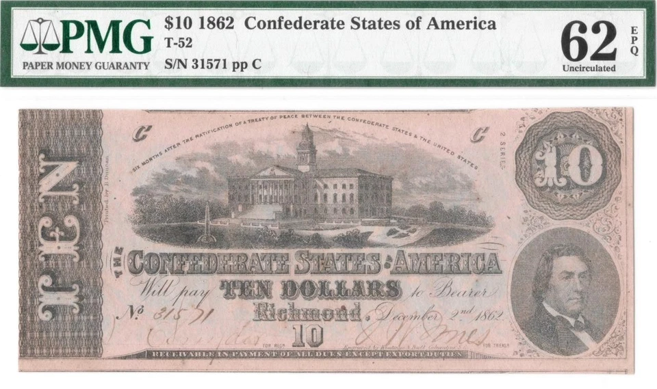 T-52 1862 $10 Confederate PF-3 PMG UNC 62 EPQ High Grade Civil War Paper Money - Image 1 of 4