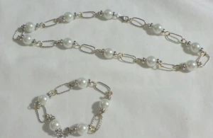 STERLING AND PEARL NECKLACE & BRACELET YELLOW GOLD RINGS FAUX  10MM PEARLS - Picture 1 of 4