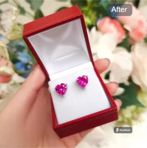 2Ct Heart Cut Lab Created Pink Ruby Solitaire Stud Earrings 14K White Gold Over - Picture 1 of 2