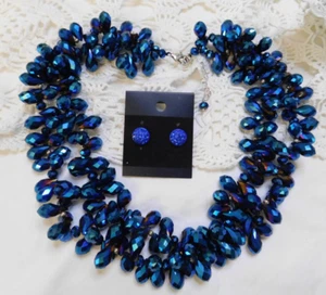 Cobalt Blue Crystal Glass Beaded Statement Necklace and Rhinestone Earrings Set - Picture 1 of 8
