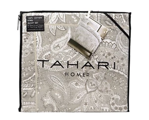 TAHARI KING 3PC Cotton Taupe Gray Jacobean Paisley Duvet Cover & 2 Shams Set NEW - Picture 1 of 3