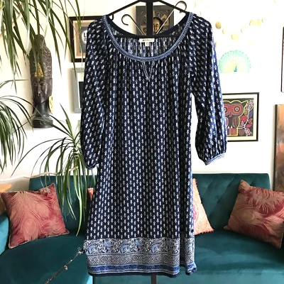 MAX STUDIO size XS Navy Blue Fleur de Lis Print Stretch Jersey Dress - Image 1 of 4