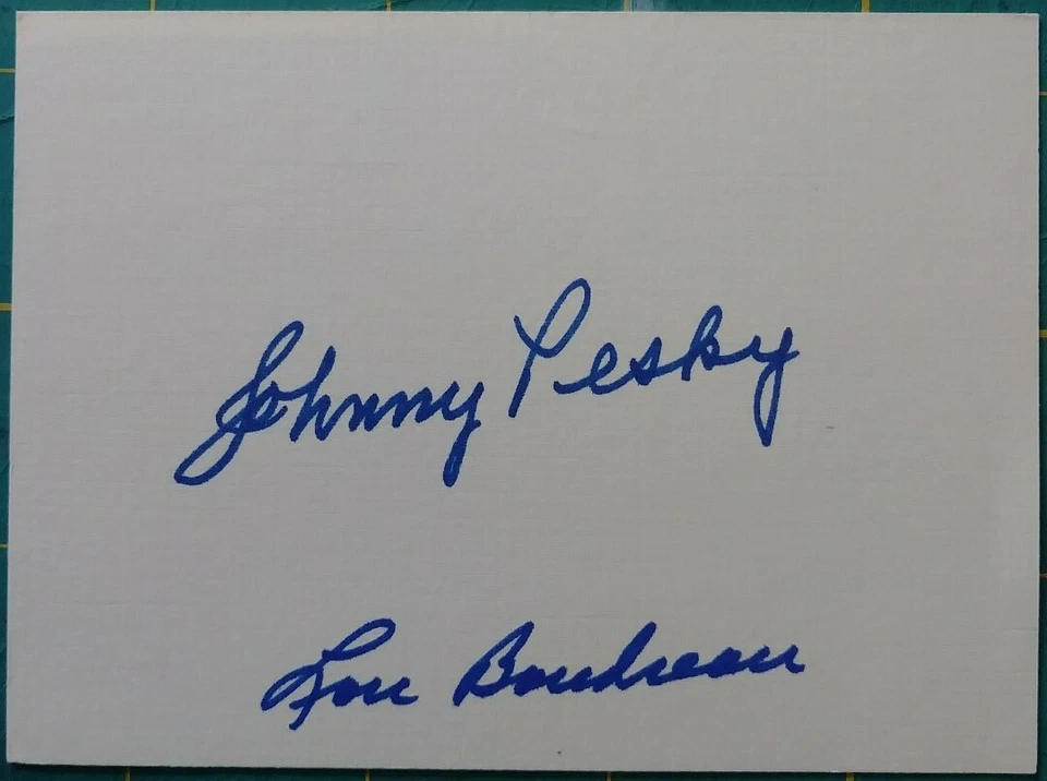 Lou Boudreau and Johnny Pesky dual autographed index card. Red Sox - Image 1 of 1