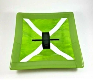Studio Fused Art Glass Square 8.5" Dish Plate Green Modern Design Signed "ms 13" - Picture 1 of 8