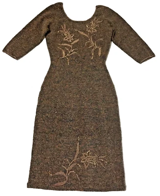 Women's 60s  knit wiggle dress Gene Shelly hand beaded brown long sleeve XS/S - Image 1 of 4