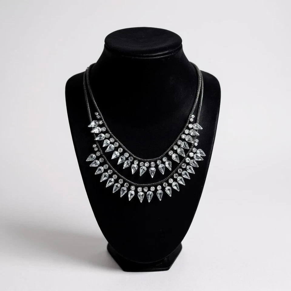 Joyería nOir ¡NUEVA! Collar Doble Fila Negro Mezcla Metal Circonita Circonita 18" Indie Sleeze Foto 1 de 4