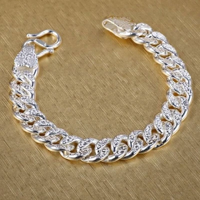 Real 999 Pure Silver Bracelet Women Men 9/10/11mm 福 Curban Curb Link Chain - Image 1 of 4