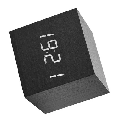 Black 6x6x6cm Wooden Electronic Digital Alarm Desk Clock Temperature LED Di OH - Image 1 of 4